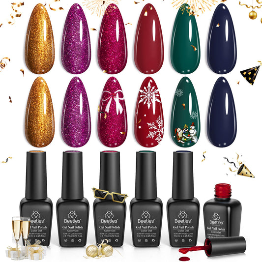 Beetles Gel Nail Polish Kit, 6 Colors Gold Green Burgundy Red Glitter Gel Polish Soak Off Uv Nail Lamp Cured Holiday Nail Gel Di