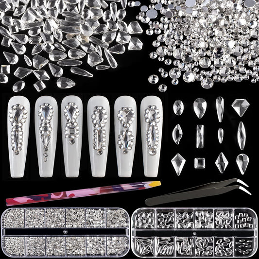Multi Shapes Transparent White 3D Glass Crystal Nail Art Rhinestones Kit With Flatback Round Bead Charm Gem Stone Jewelry Diamon