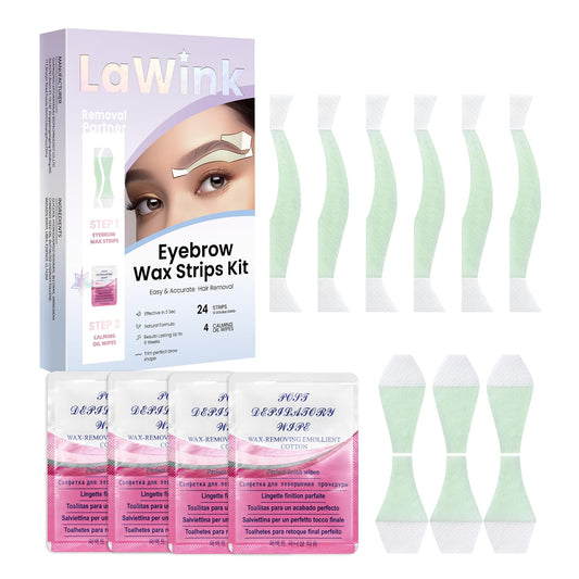 Lawink Eyebrow Wax Strips Kit Cold Wax Strips Facial Hair Removal 24 Strips 4 Calming Oil Wipes For Sensitive Skin Types Women (