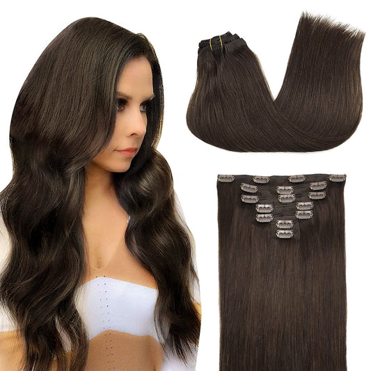 Doores Clip In Hair Extensions Human Hair Light Dark Brown 14 Inch 120G 7Pcs Real Human Hair Extensions Clip In Natural Hair Str