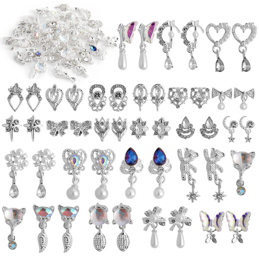 48 Pcs Dangle Nail Charms Luxury Rhinestones For Nails Heart Charms Silver Nail Gems Crystal Metal Nail Diamonds Stones For 3D N