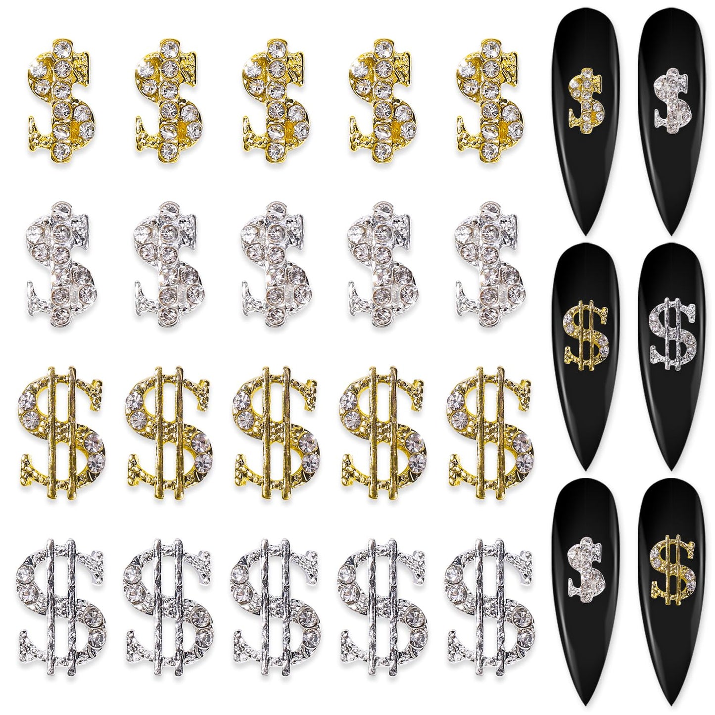 Silpecwee 20Pcs Alloy Money Dollar Nail Charms 3D Silver&Gold Dollar Sign Rhinestones Nail Art Charms Shiny Money Sign Nails Des