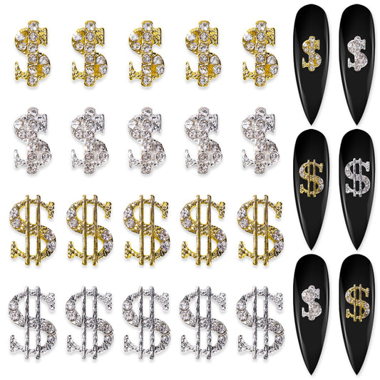 Silpecwee 20Pcs Alloy Money Dollar Nail Charms 3D Silver&Gold Dollar Sign Rhinestones Nail Art Charms Shiny Money Sign Nails Des