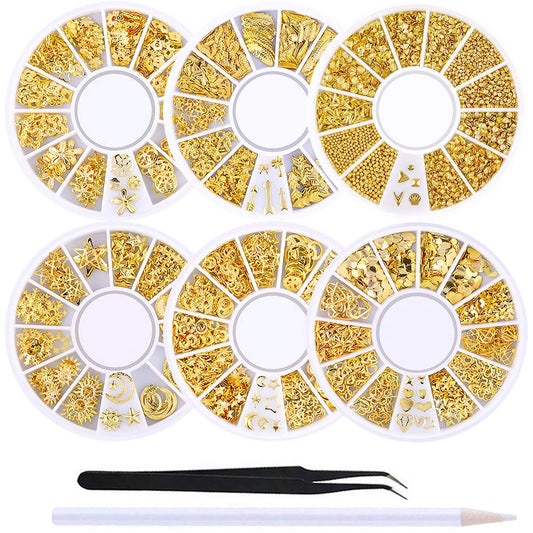 Wokoto 6 Boxes Gold Metal Nail Studs Rose Star Moon Feather Nail Charm Kit 3D Nail Art Jewelry Decoration With 1Pc Tweezers And