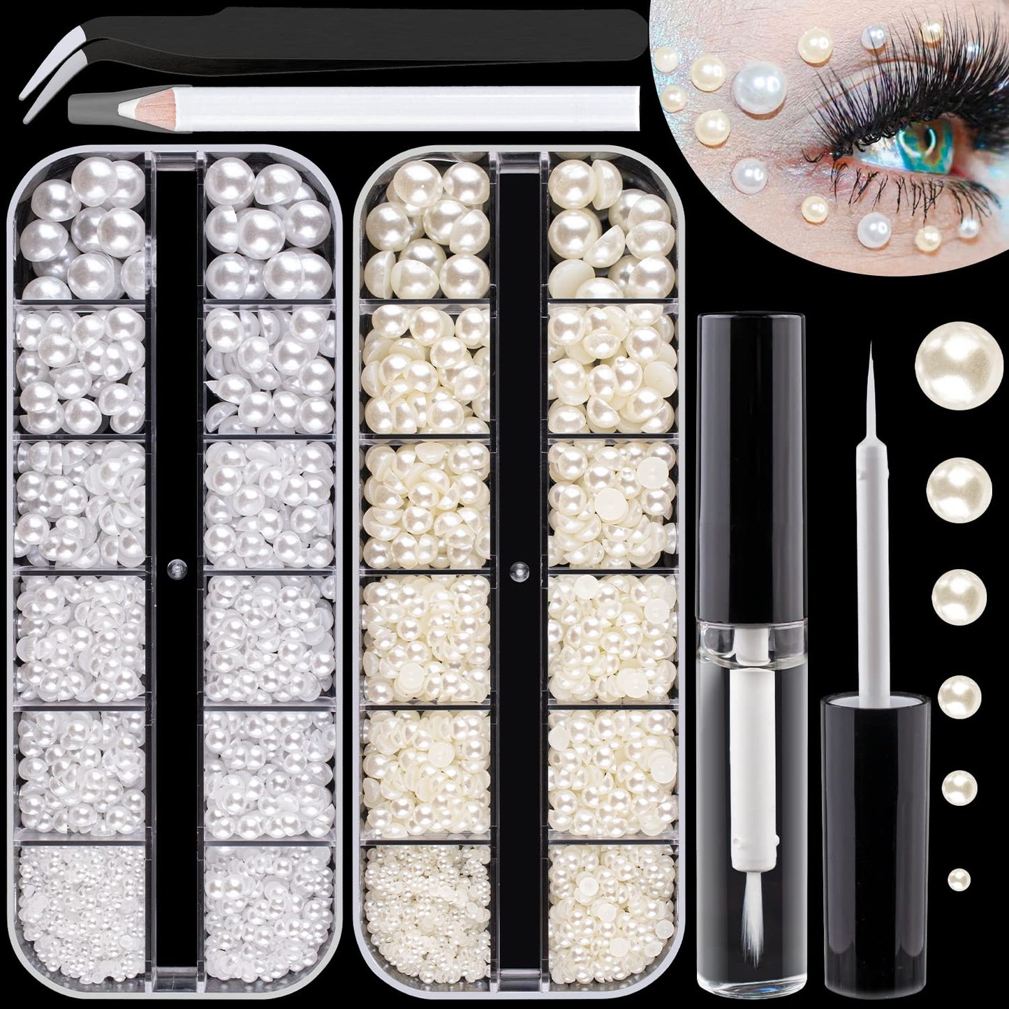 2700 Pcs Of 2 Boxes Flat Back Pearls Kits Half Round White+Beige Pearls With Quick Dry Makeup Glue+Picker Pencil+Tweezer For Nai