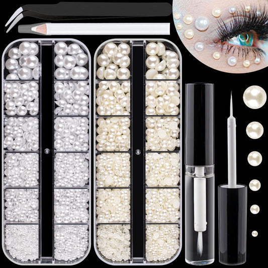 2700 Pcs Of 2 Boxes Flat Back Pearls Kits Half Round White+Beige Pearls With Quick Dry Makeup Glue+Picker Pencil+Tweezer For Nai