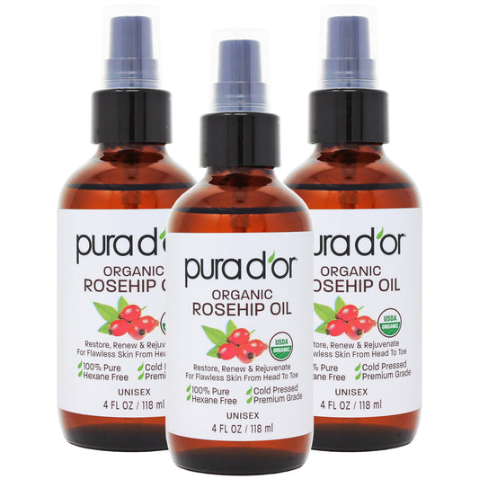 Pura D'Or Organic Rosehip Seed Oil Hair Relaxer (4 Oz X3 = 12 Oz) 100% Pure Cold Pressed Usda Certified All Natural Anti-Aging,