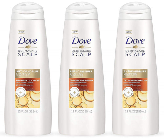 Dove Dermacare Scalp Haircare - Anti-Dandruff Shampoo - Dryness & Itch Relief - Net Wt. 12 Fl Oz (355 Ml) Per Bottle - Pack Of 3