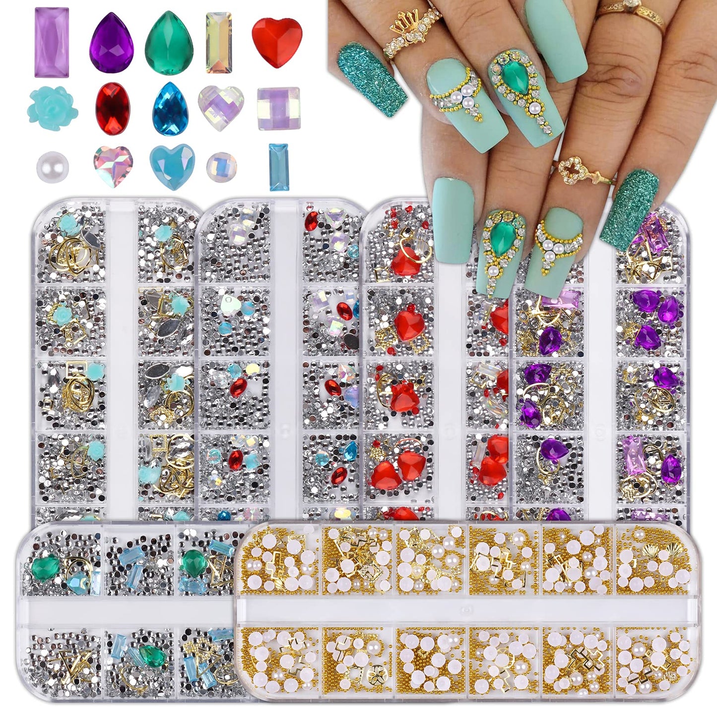 Ebanku 6 Boxes 3D Nail Rhinestones Crystals Gems Diamonds Pearl, Gold Metal Nail Charms Nail Studs Nail Jewels For Nail Art Deco