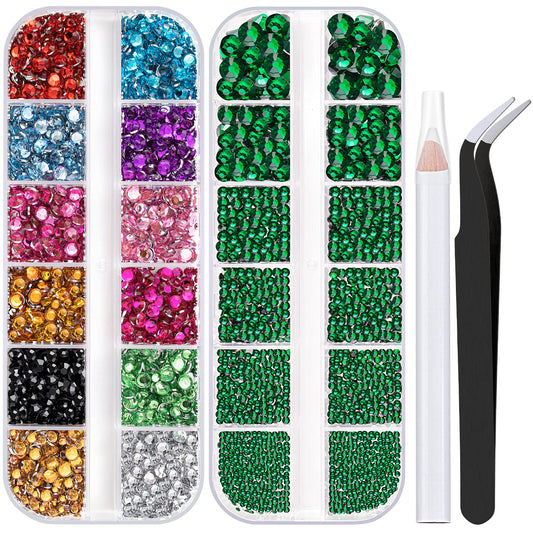 Two Packs Of Flatback Rhinestones 4520 Pcs Colorful Nail Art Rhinestones Flatback Crystal Colorful+Dark Green Rhinestone With Pi
