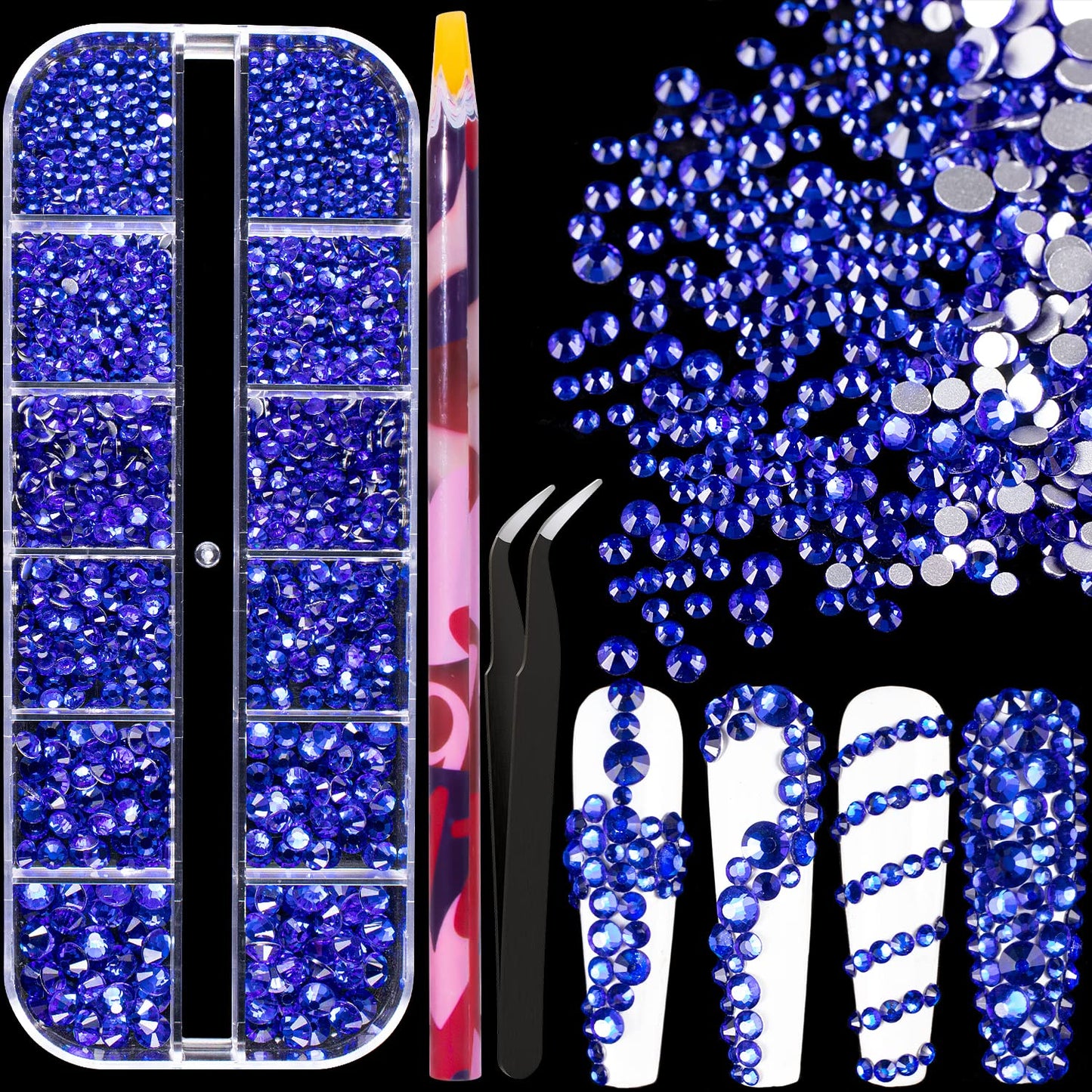 6 Sizes Royal Blue Glass Crystal Kit With Pickup Pen + Tweezer Tools For Shine Nail Art Manicure Makeup Diy Decoration Flatback