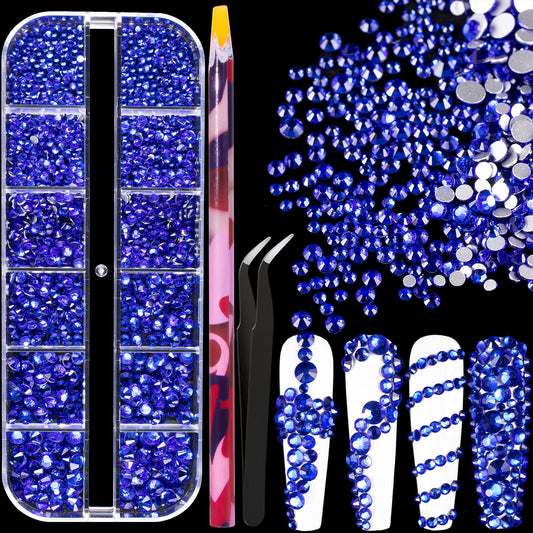 6 Sizes Royal Blue Glass Crystal Kit With Pickup Pen + Tweezer Tools For Shine Nail Art Manicure Makeup Diy Decoration Flatback