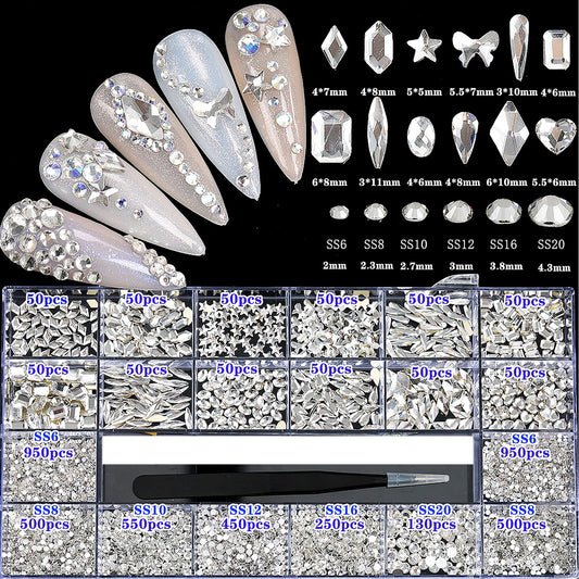 4880Pcs Rhinestones For Nail, White Crystal Nail Rhinestones Set, Nail Round Beads Flatback Glass Gems Stones, Multi Shapes For