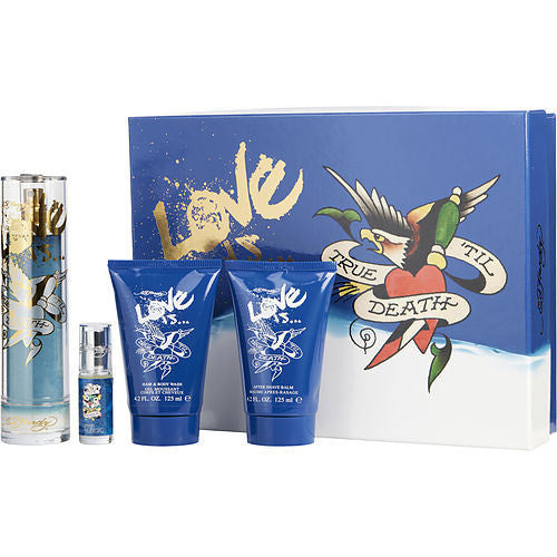 ED HARDY LOVE IS by Christian Audigier EDT SPRAY 3.4 OZ & AFTERSHAVE BALM 4.2 OZ & HAIR & BODY WASH 4.2 OZ & LOVE & LUCK EDT SPR